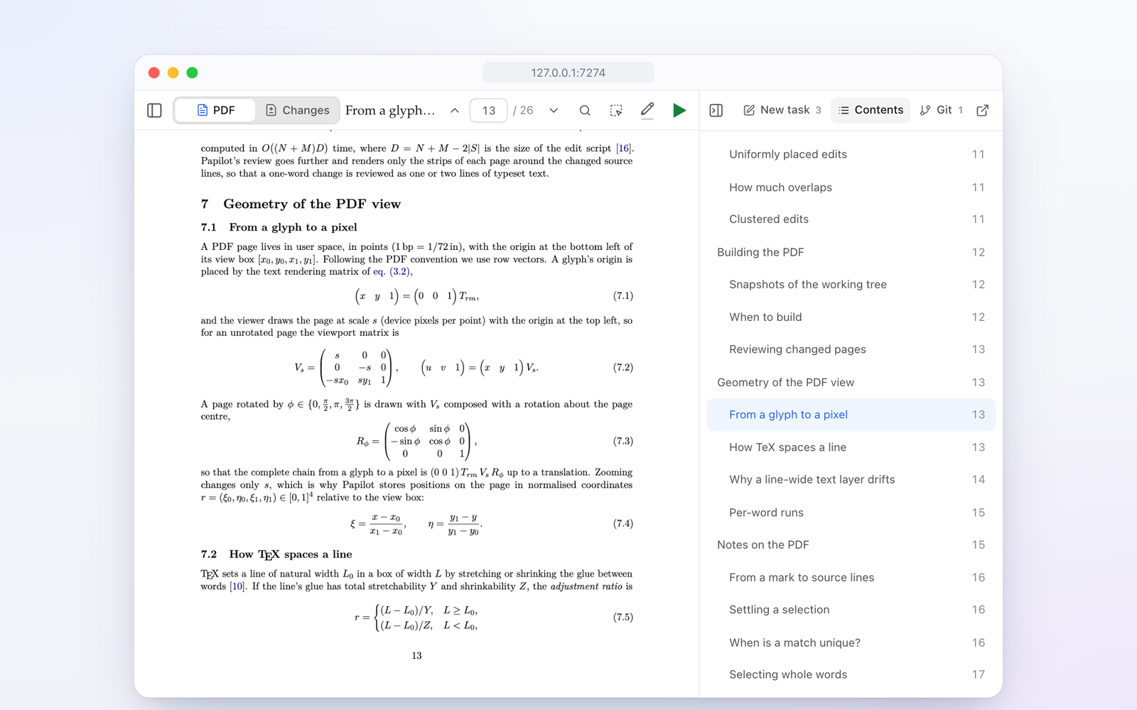 The PDF viewer with its contents menu open