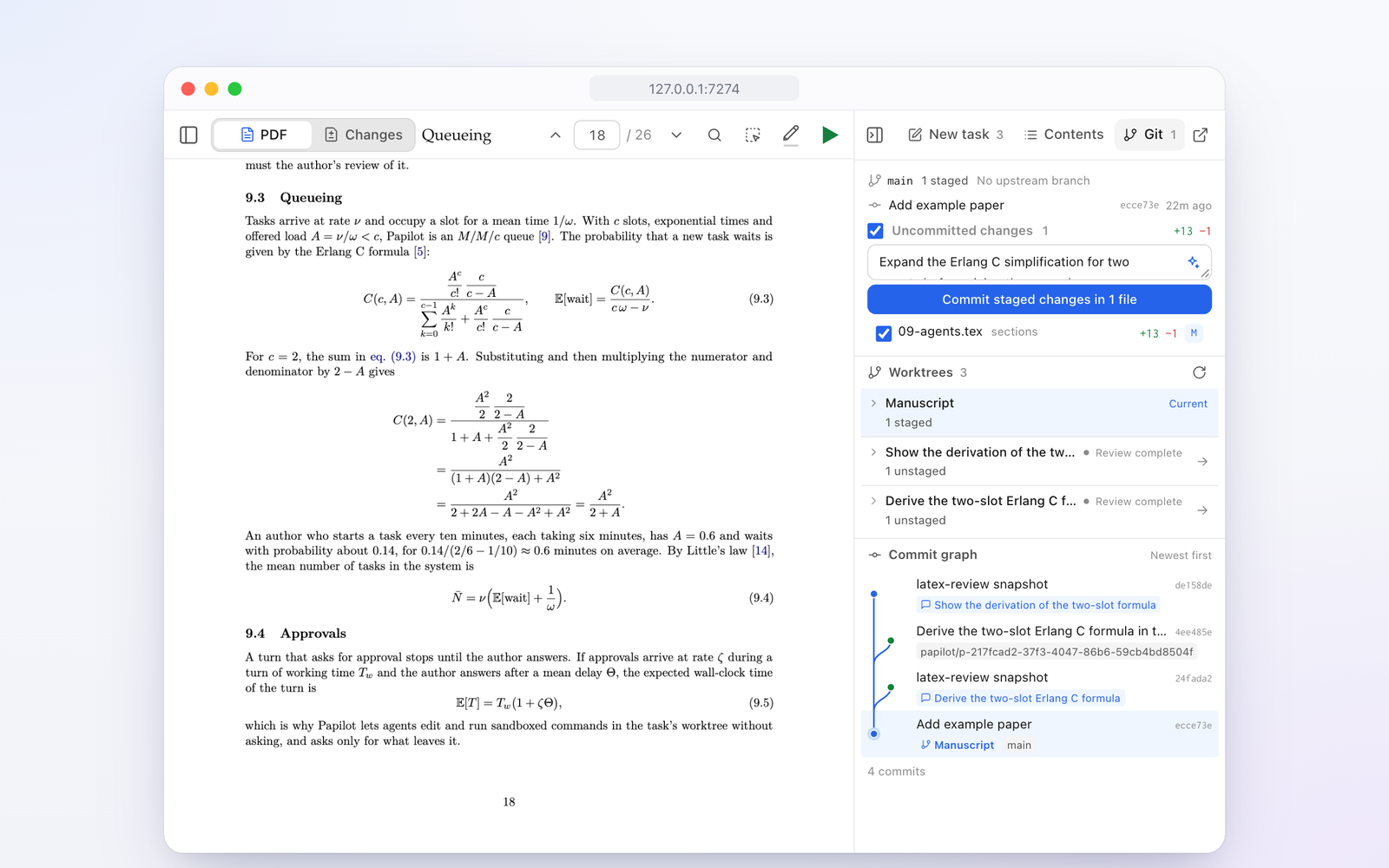 The Git panel with a diff and a commit message